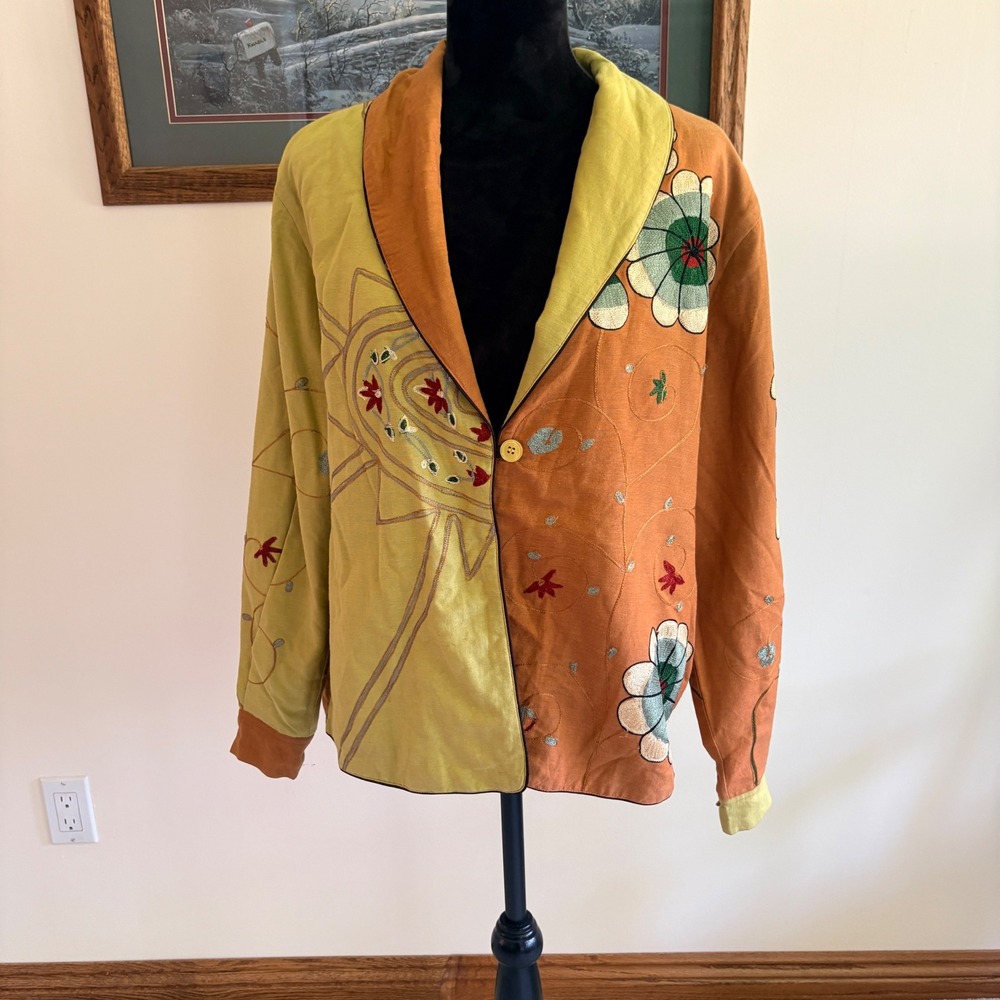 Brownstone Studio Embroidered Jacket Womens Large Orange Green Cotton Linen Boho
